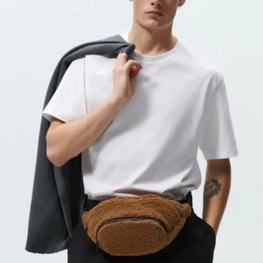 Zara Man Camel Brown Faux Shearling Belt Bag SIZE M 3507/921/117